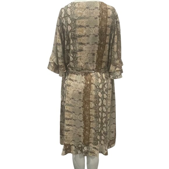 Dex Snakeskin Print V-Neck Ruffled Flutter Sleeve Faux Wrap Midi Dress 1X Earthy - Picture 7 of 11